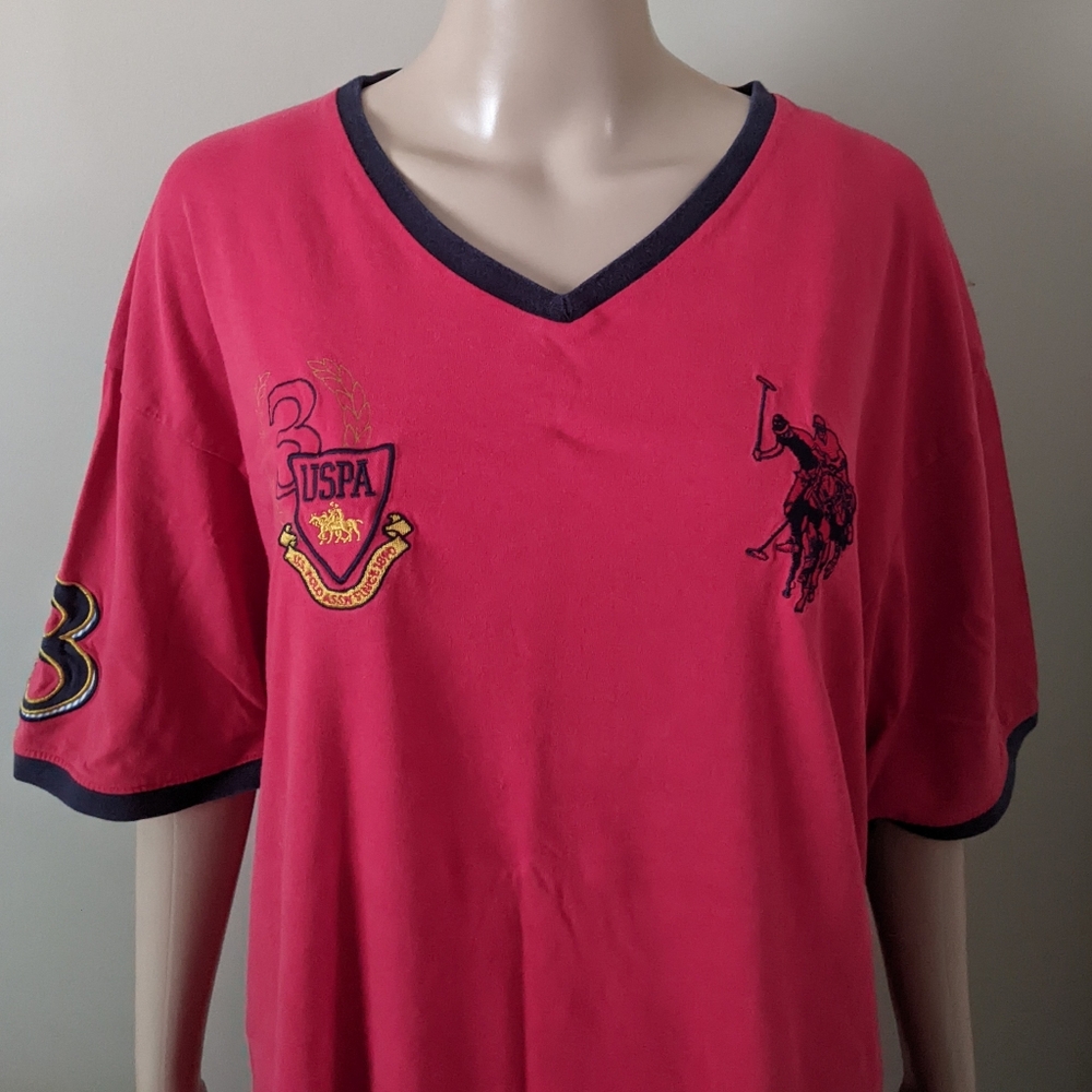 US Polo Assn Embroidered Logos Vneck Red Tshirt, Men's XL